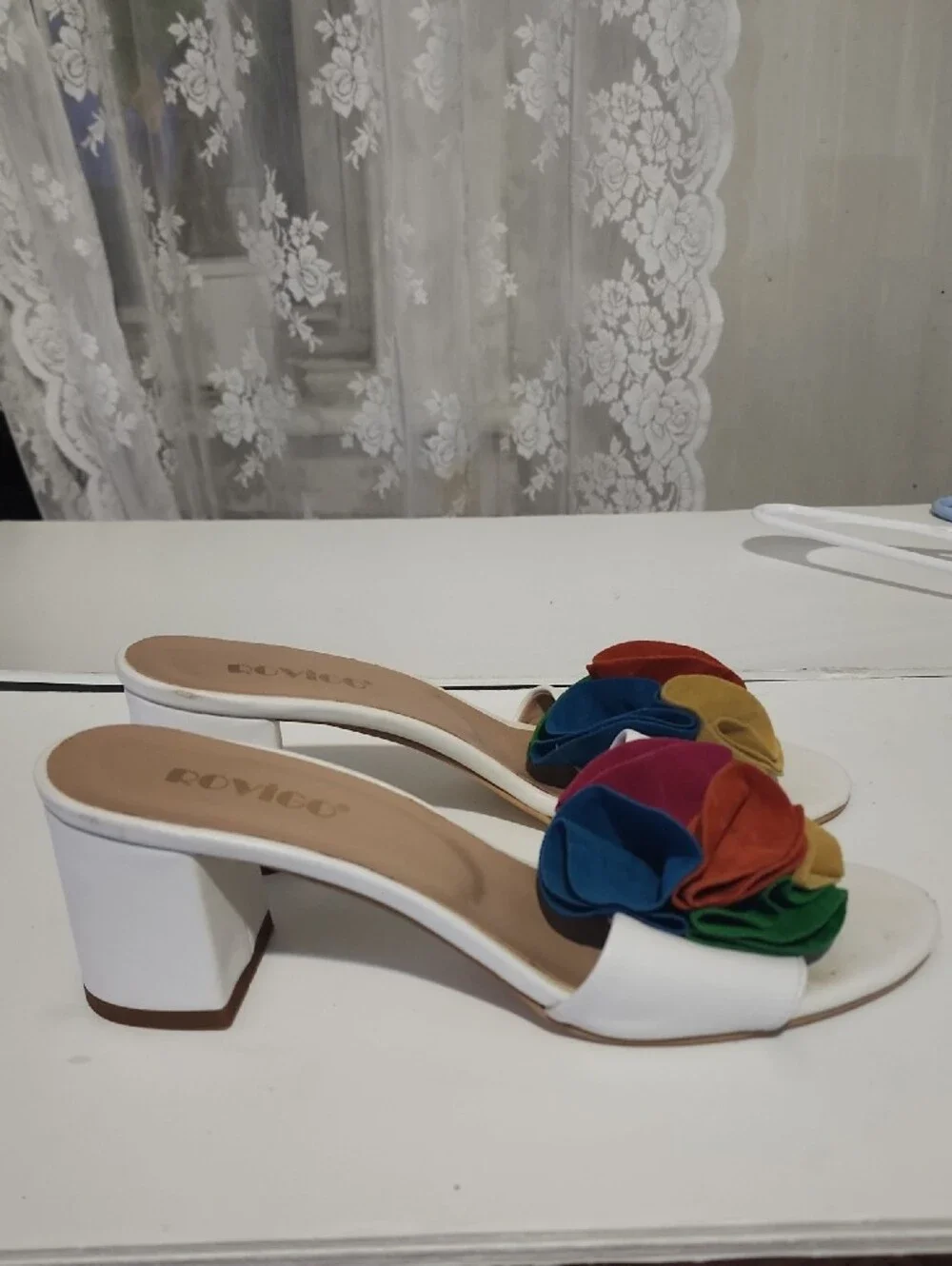 White Heeled Slide Sandals with Multicolor Floral Accent